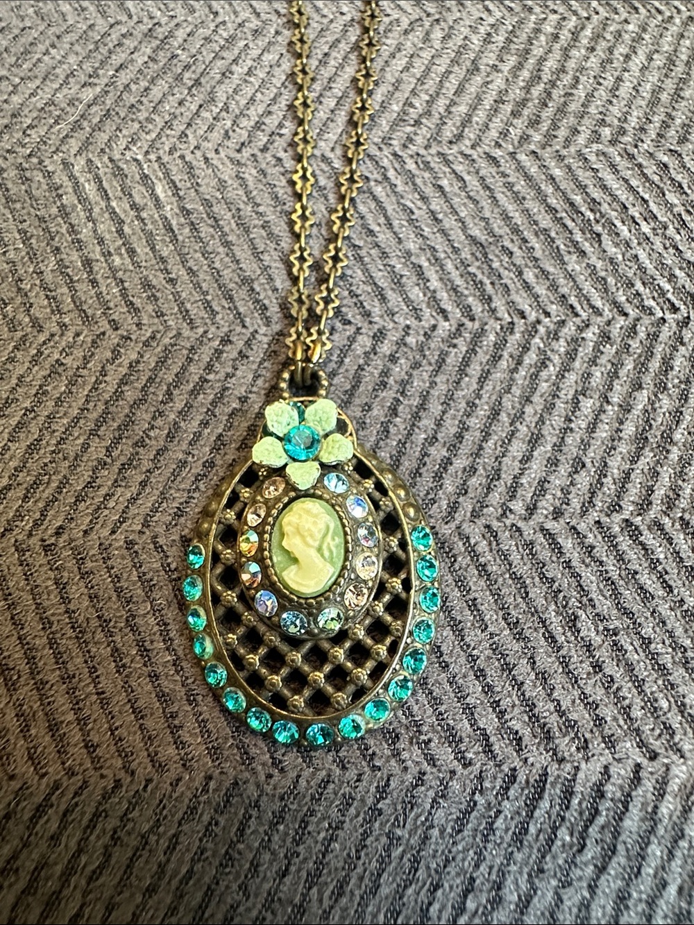 Michal Negrin Vintage Gold Tone Cameo Pendant Necklace with Teal Crystals